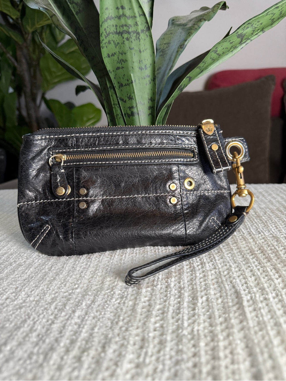 Vintage Juicy Couture Black Leather Wristlet Clutch with Gold Hardware